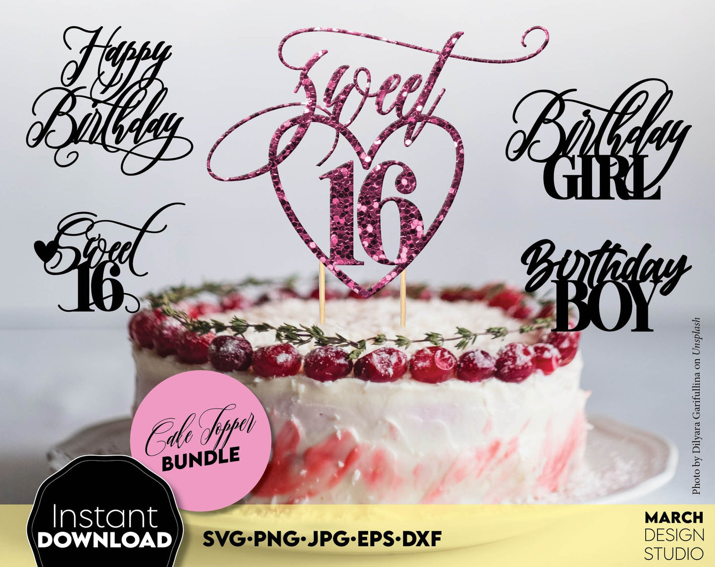 These 16th Birthday cake topper files bundle designs You can use them to surprise and delight your loved ones on an important event in life - 16th Birthday. SVG, PNG, DXF, EPS, JPG files included. Compatible with cricut or laser cut machines. Enjoy!