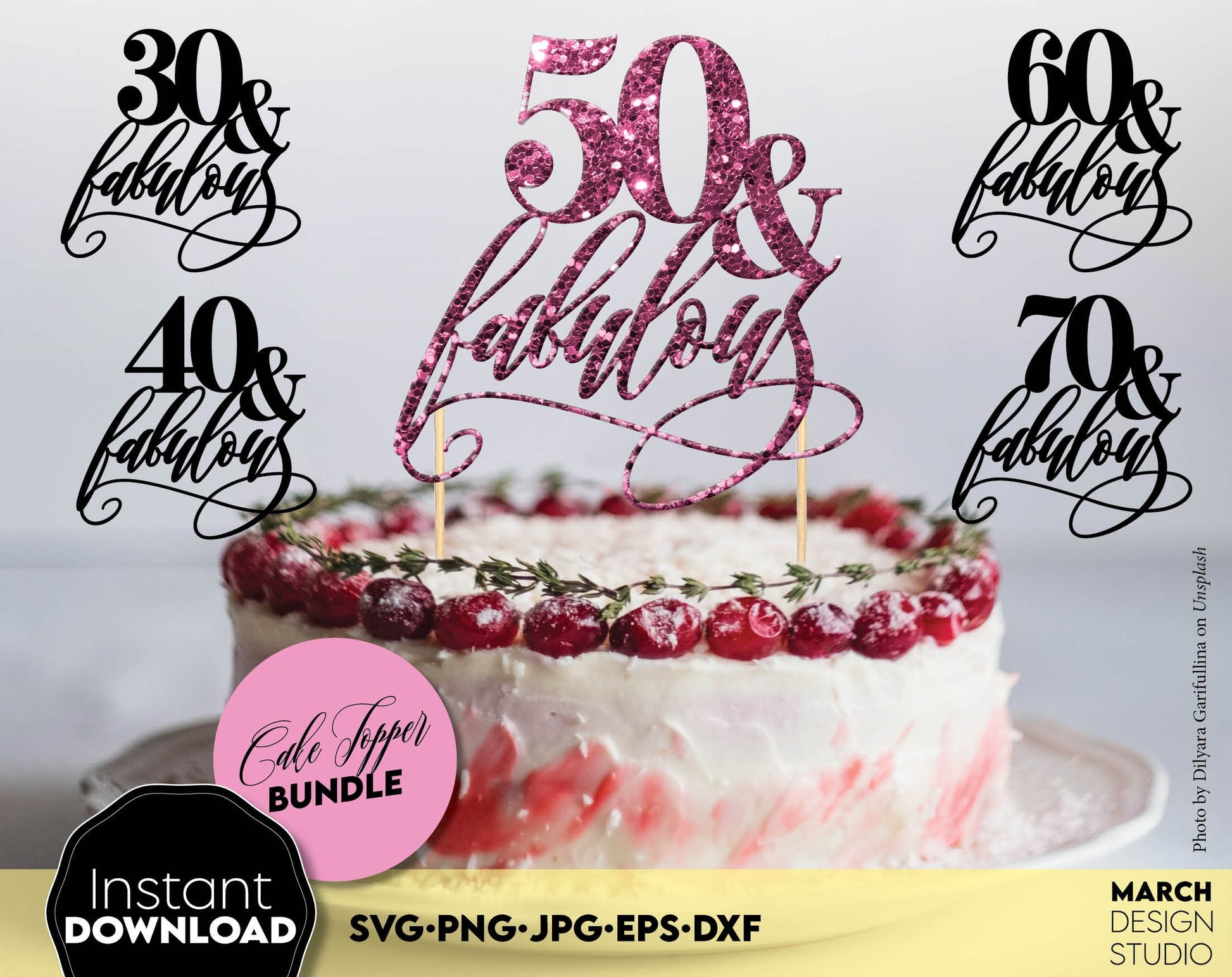 Cake topper bundle for 30th, 40th, 50th, 60th and 70th birthday. 50th and fabulous cake topper. Use for laser cut or other projects. Compatible with Cricut, silhouette as well. SVG, PNG, JPG, EPS, DXF files included. Buy now for a good price! Enjoy!