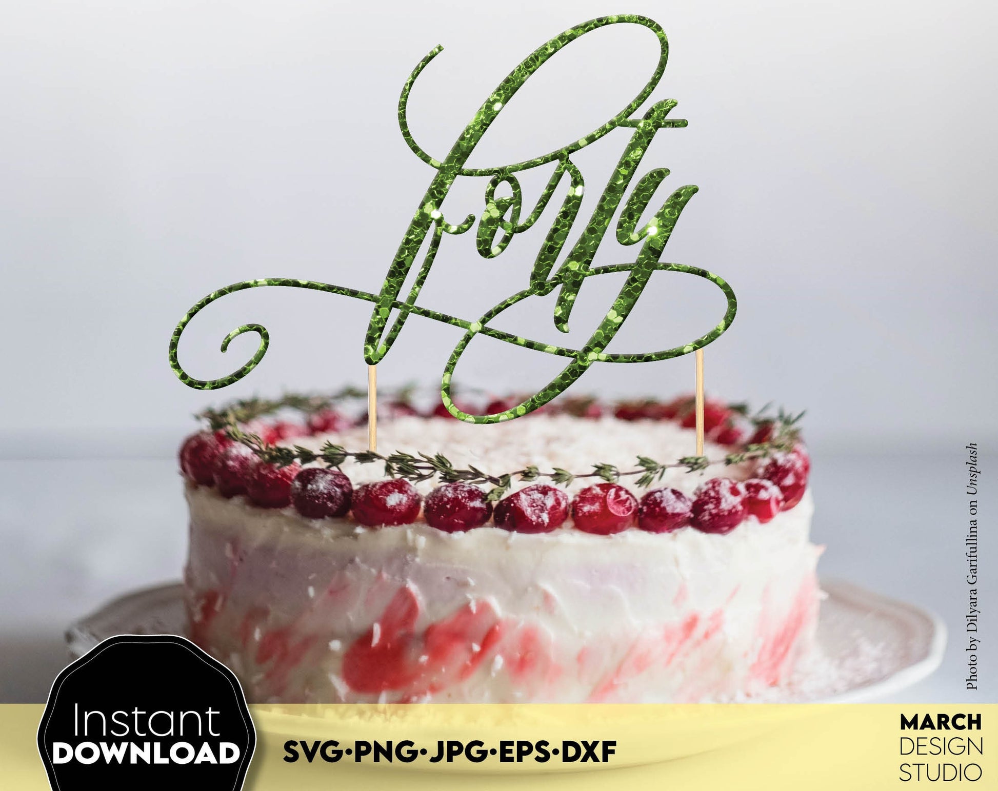 Forty Birthday Cake topper for Your Birthday cake! SVG, PNG, JPG, EPS and DXF files included. Compatible with Cricut, Silhouette and others machines. Use for sublimation or laser cut projects as well. Buy now for a good - discount price. Enjoy!