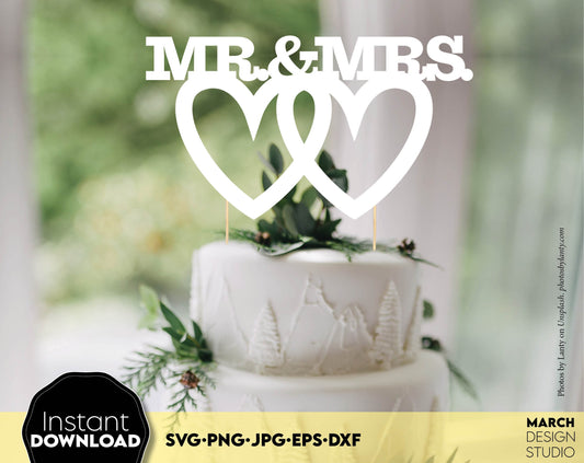 Mr and Mrs cake topper for wedding cake. SVG PNG JPG EPS DXF files included. Compatible with Cricut, Silhouette or other equipment. Cut from vinul, use for sublimation or laser cut or grave projects. Buy now for a good price and enjoy!