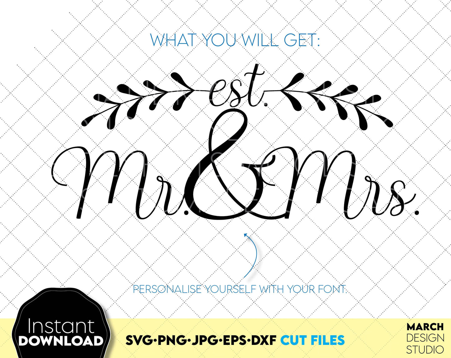 Mr and Mrs Est sign for Your wedding gift ideas or decoration. SVG, PNG, JPG, EPS, DXF files included. Use for cutting from vinyl, sublimation or laser cut projects. Compatible with cricut, silhouette or other machines. Buy now for a good price.