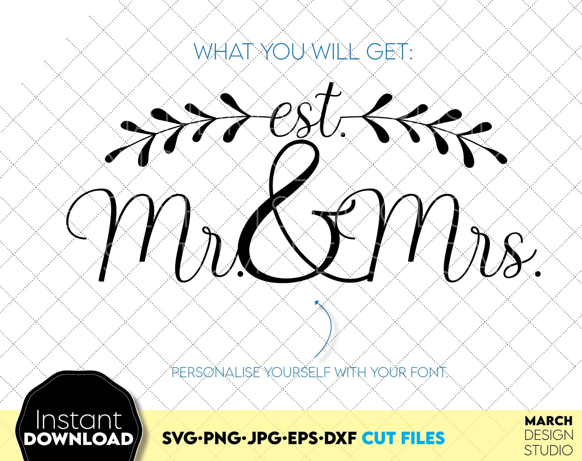 Mr and Mrs Est sign for Your wedding gift ideas or decoration. SVG, PNG, JPG, EPS, DXF files included. Use for cutting from vinyl, sublimation or laser cut projects. Compatible with cricut, silhouette or other machines. Buy now for a good price.