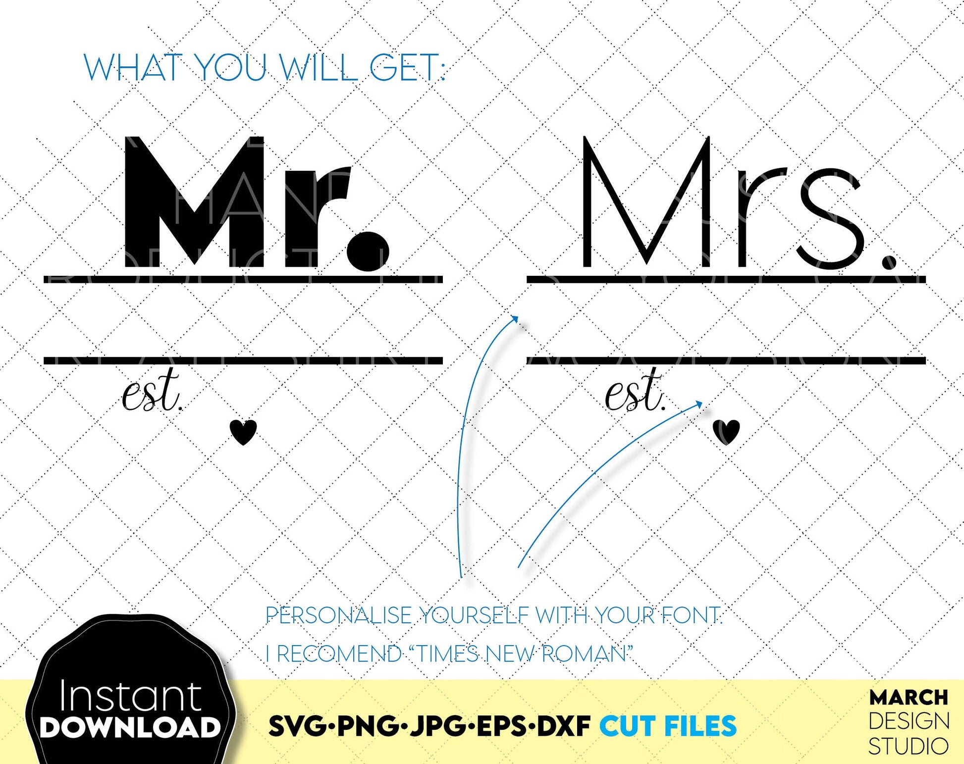 Custom Mr and Mrs wedding split monogram for wedding gift ideas, for honeymoon shirt designs or wedding anniversary shirts. SVG PNG JPG EPS DXF files included. Compatible with Cricut, Silhouette or other equipment. Buy now for a good price and fun!