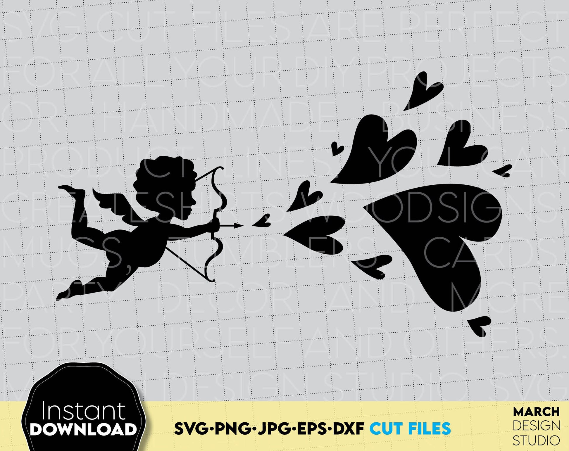 Cupid Hearts and Arrow for Yours Valentines Day projects. Use for cutting form vinyl, sublimation or laser cut projects. SVG, PNG, DXF, EPS files included. Compatible with Cricut, Silhouette, Glowforge and other equipment. Buy now and enjoy!