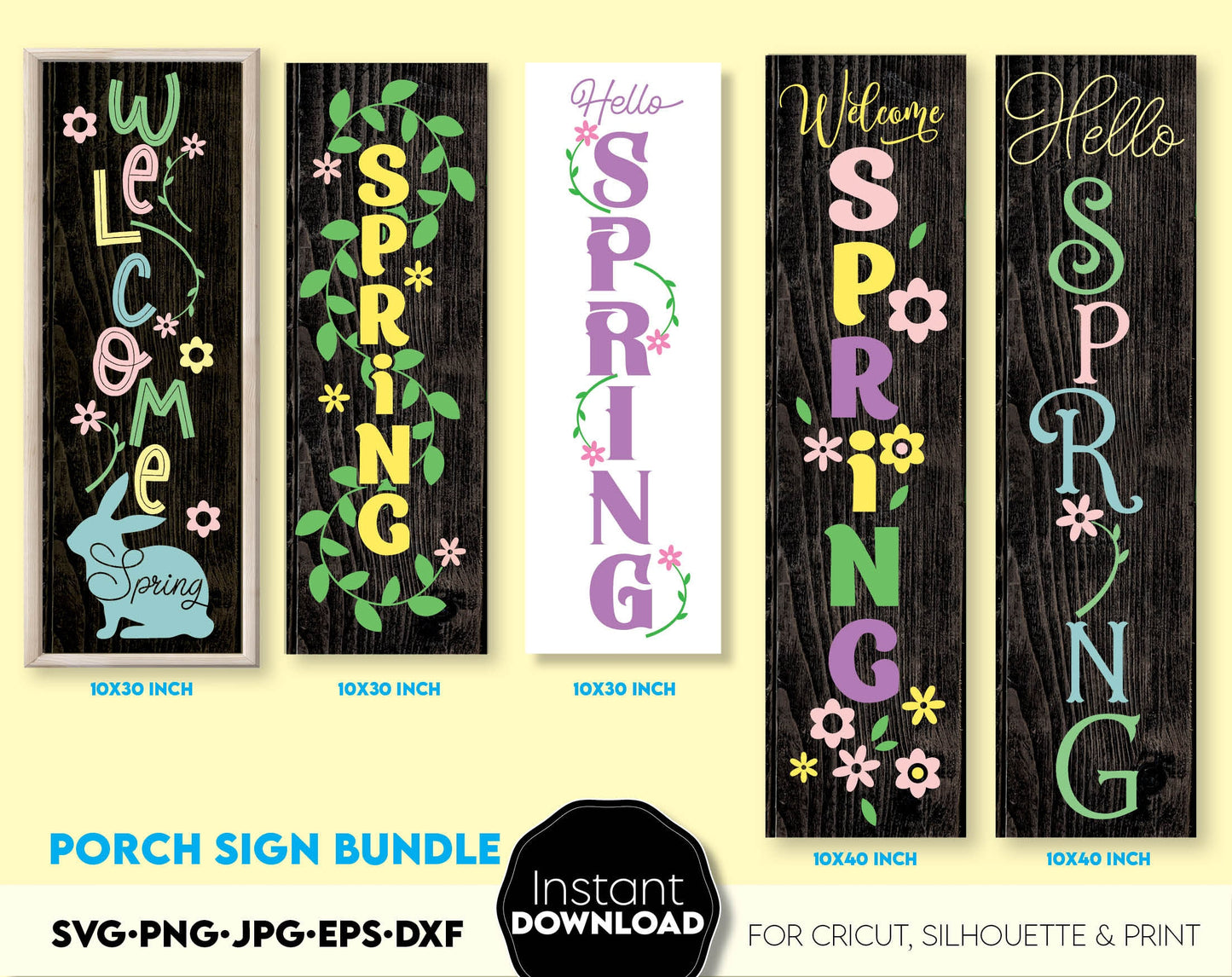 Spring welcome sign bundle for Your farmhouse front porch decoration for Easter, spring time. SVG, PNG, JPG, EPS, DXF files included. Compatible with Cricut, Silhouette or other equipment. Cut form vinyl, use for sublimation or laser cut projects!