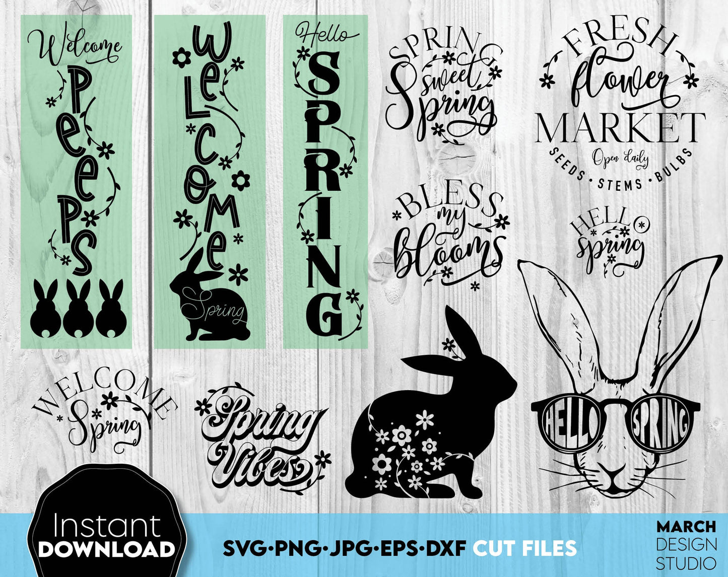 Spring ornaments bundle. Floral rabbit silhouette, welcome signs, fresh flower market, welcome sign and other designs included. All popular file formats. Cut for vinyl, use for sublimation or laser grave or cut projects. Buy now for a good price!