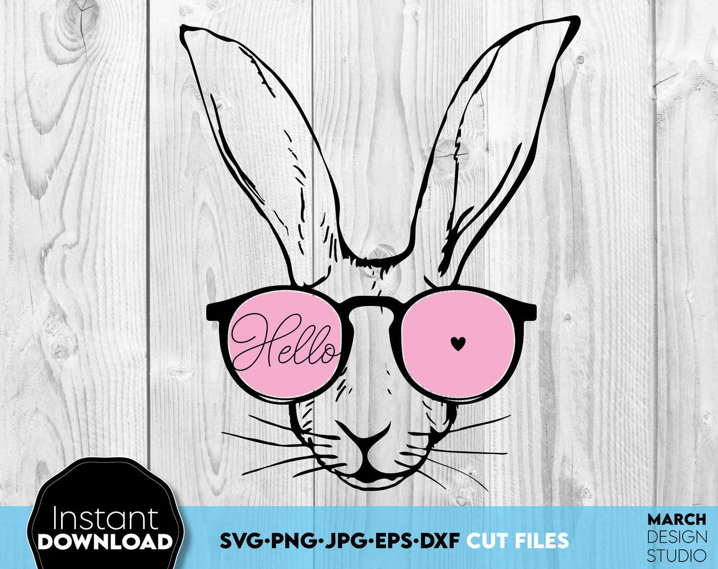 Funny Bunny with glasses file design. Hello Easter design. Use for cutting form vinyl, sublimation or laser cut projects. SVG, PNG, DXF, EPS, JPG files included. Compatible with Cricut, Silhouette, Glowforge and other equipment. Buy now and enjoy!