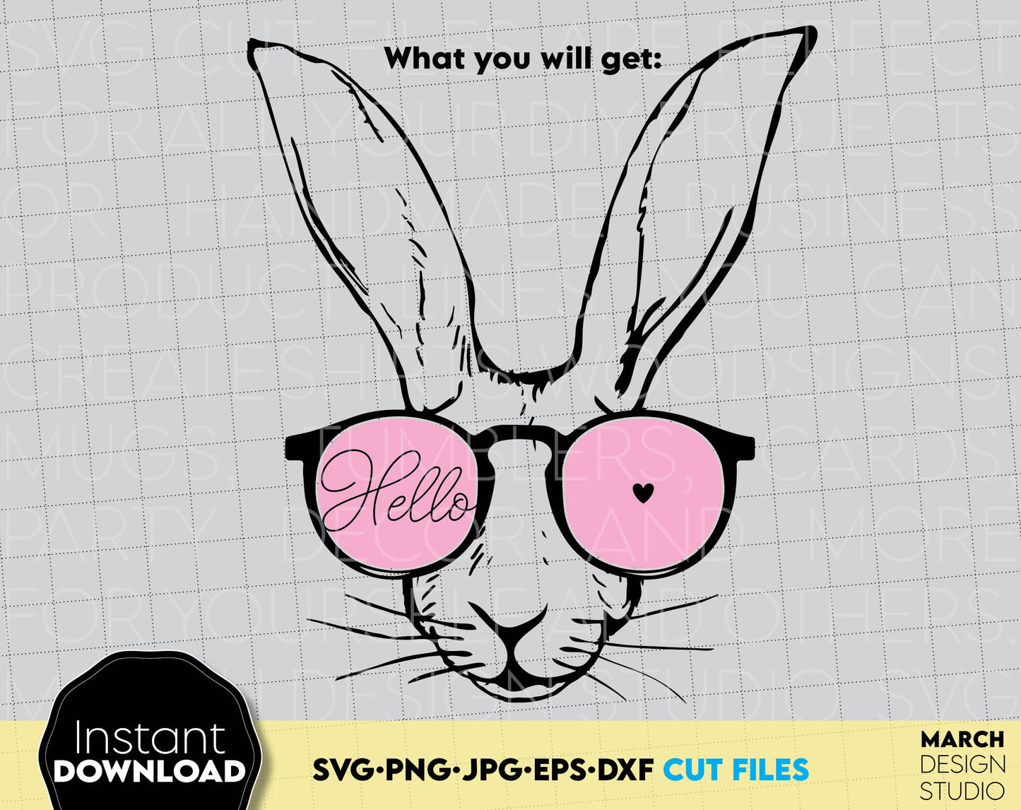 Funny Bunny with glasses file design. Hello Easter design. Use for cutting form vinyl, sublimation or laser cut projects. SVG, PNG, DXF, EPS, JPG files included. Compatible with Cricut, Silhouette, Glowforge and other equipment. Buy now and enjoy!