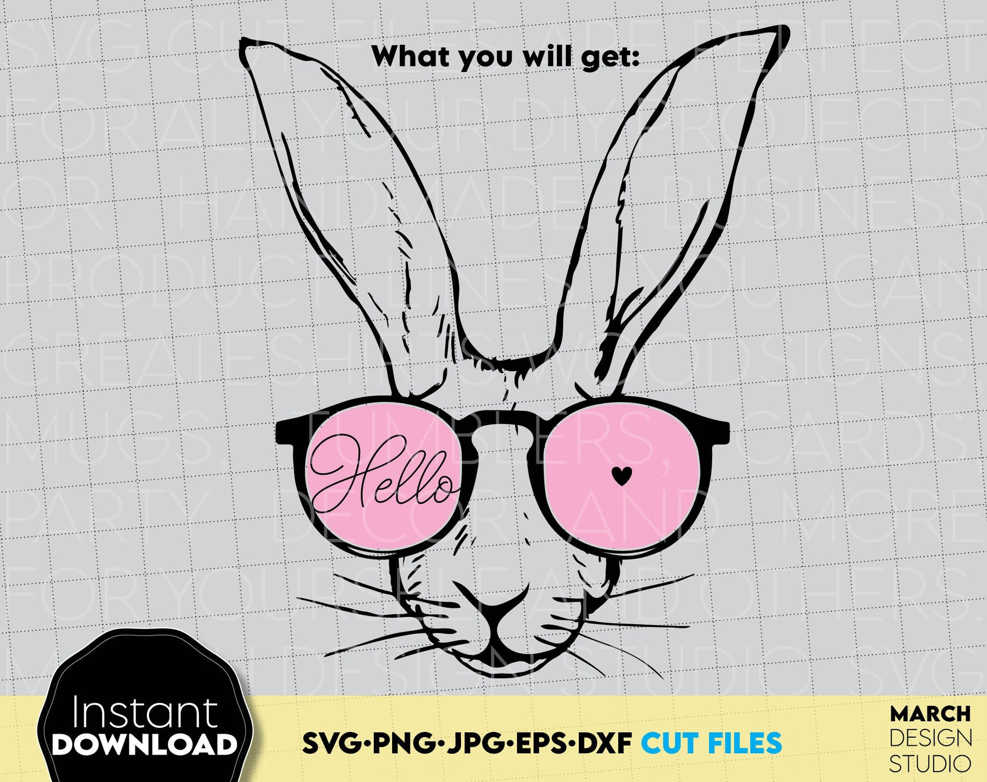 Funny Bunny with glasses file design. Hello Easter design. Use for cutting form vinyl, sublimation or laser cut projects. SVG, PNG, DXF, EPS, JPG files included. Compatible with Cricut, Silhouette, Glowforge and other equipment. Buy now and enjoy!