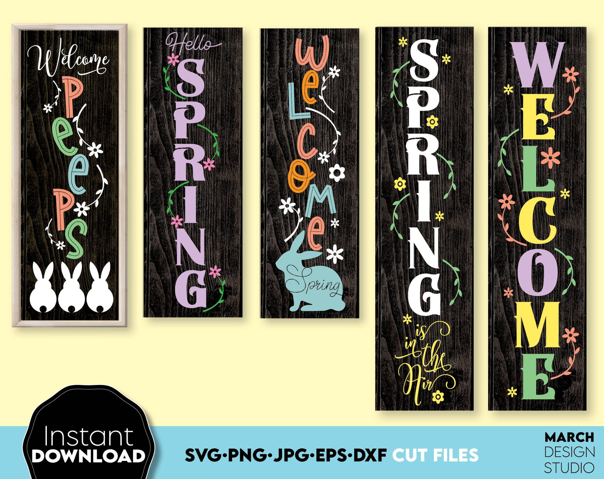 Easter farmhouse or spring welcome signs bundle. SVG, PNG, JPG, EPS, DXF files included. Cut from vinyl, use for sublimation or laser cut or grave projects. Compatible with Cricut, Silhouette or other machines. Buy now for a good price and enjoy!