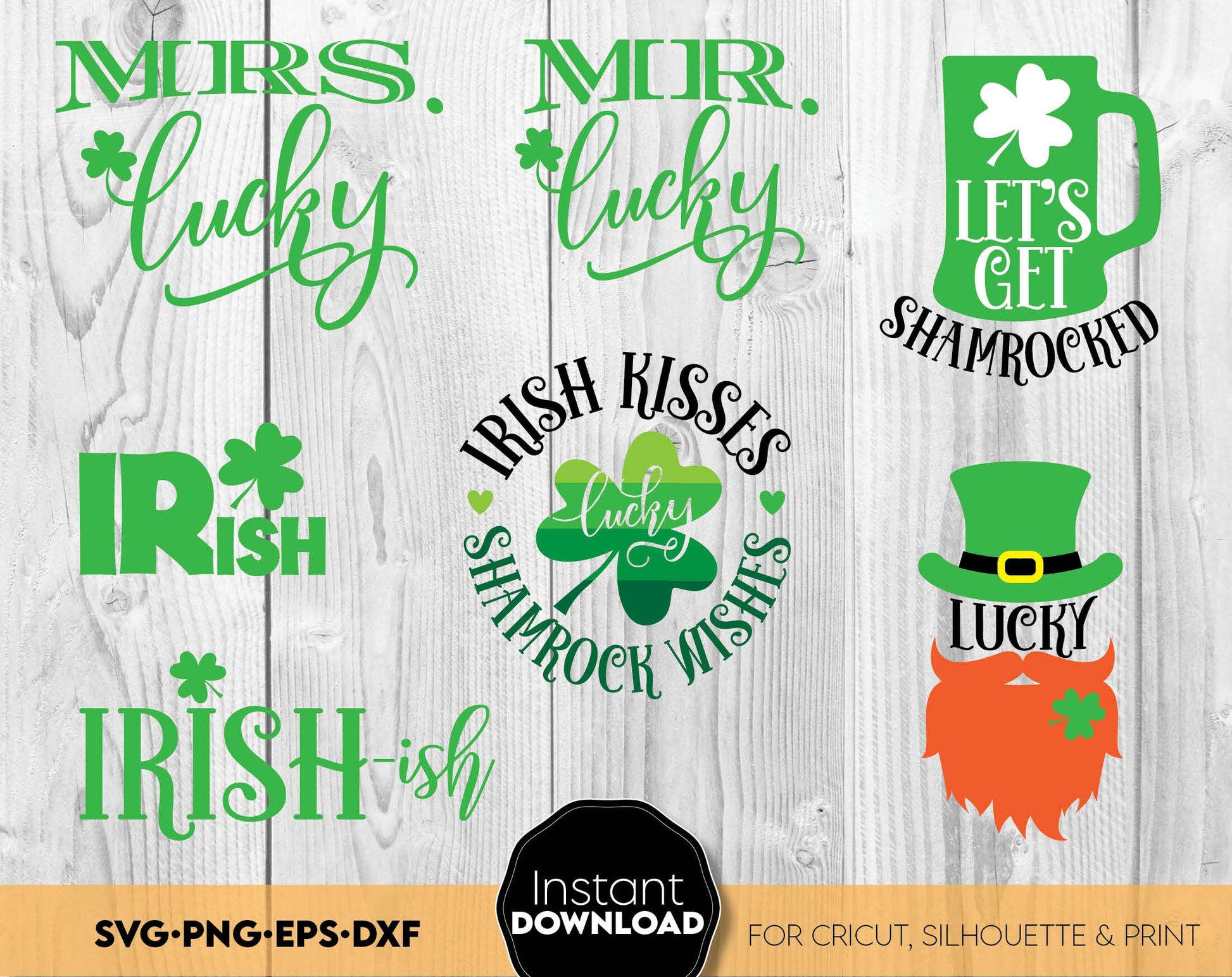 St. Patrick Day bundle with Patrick Day quotes. Use for cutting form vinyl, sublimation or laser cut projects. SVG, PNG, DXF, EPS files included. Compatible with Cricut, Silhouette, Glowforge and other equipment. Buy now and enjoy!