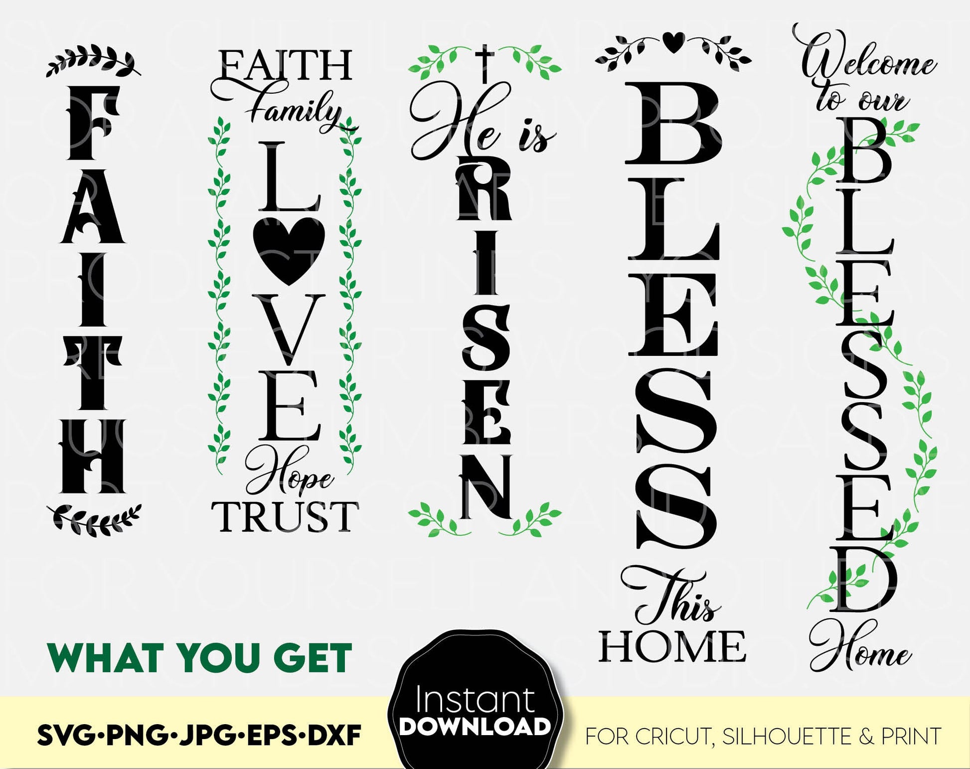 Christin vertical signs bundle for front porch ornaments. Cut from vinyl, use for sublimation or laser cut / grave projects. SVG, PNG, JPG, EPS, DXF files included. Compatible with Cricut, Silhouette or other machines. Buy now for a good price, enjoy