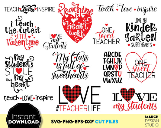 Teacher Valentines Day SVG PNG DXF EPS bundle. USe for cutting from vinyl, sublimation or laser cut projects. Compatible with Cricut, Silhouette or Glowforge equipment. Buy now and enjoy!