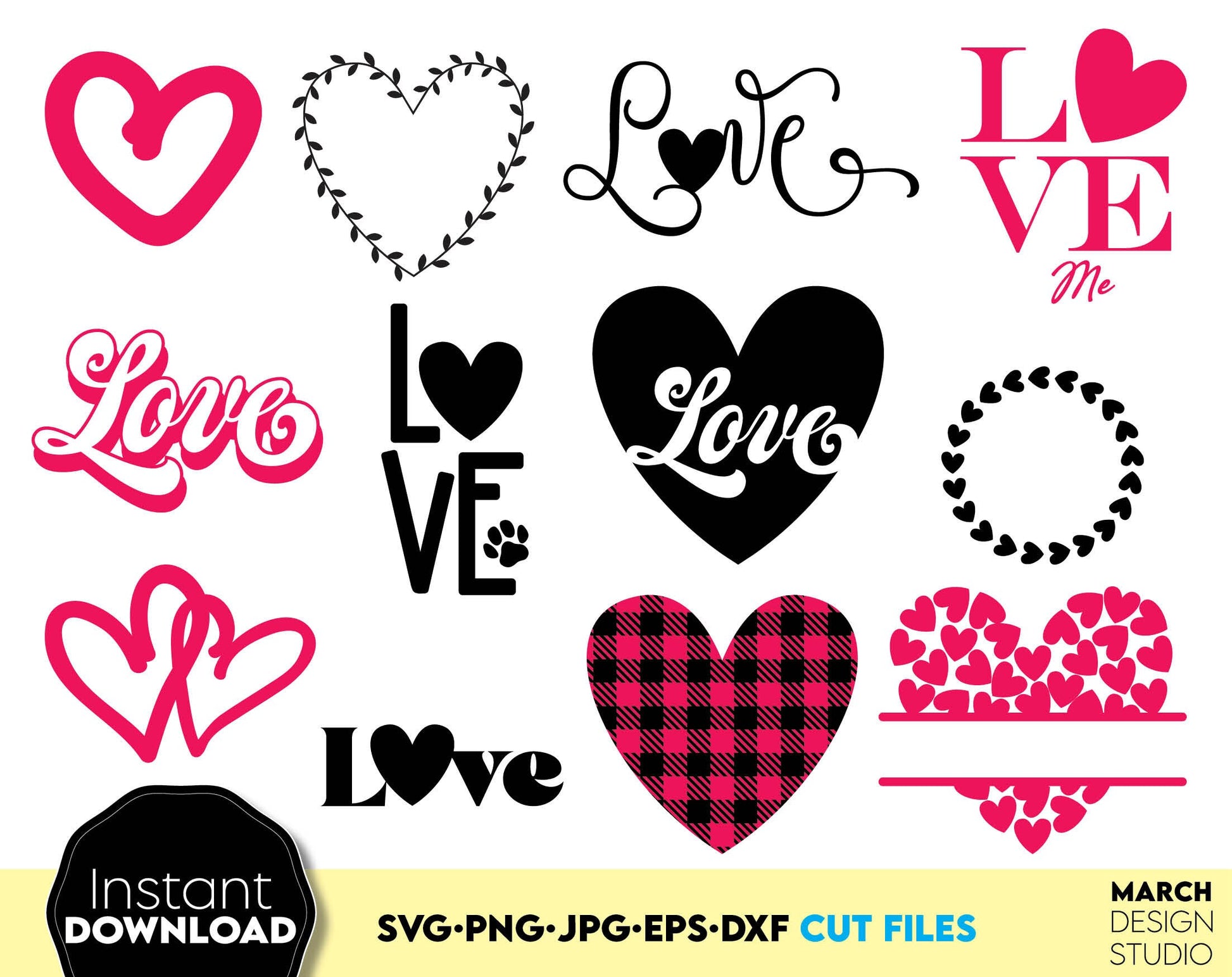 Heart and love Valentine Bundle for Your Valentines day projects. SVG, PNG, JPG, EPS and DXF files included. Compatible with Cricut, Silhouette and Glowforge machines. Usable for sublimation or laser cut projects as well. Buy now and enjoy!