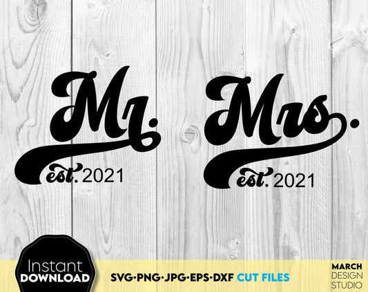 Mr and Mrs wedding shirt design. SVG PNG JPG EPS DXF files included. Compatible with Cricut, Silhouette or other equipment. Cut from vinyl, use for printing, sublimation or laser cut, grave projects. Buy now for a good price and enjoy!.