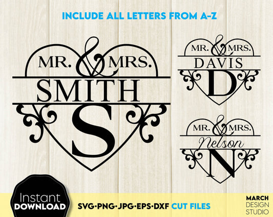 Heart framed family name split monogram file design, you can use them to surprise and delight your loved ones in an important event in life. These Last Name Monogram is great and thoughtful gifts for weddings, wedding anniversaries. Buy now and enjoy