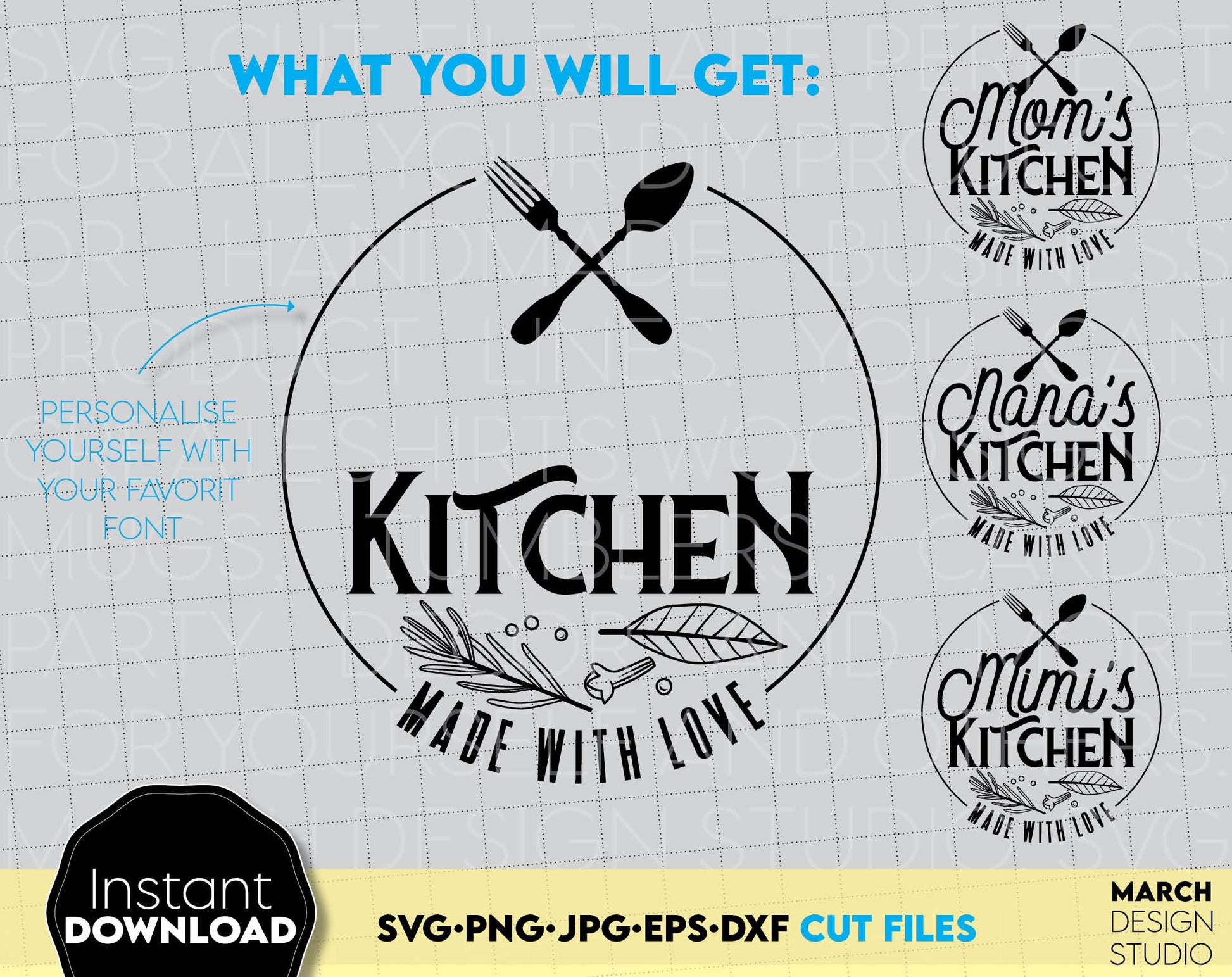 Custom Farmhouse kitchen sign with quote - made with love. SVG, PNG, JPG, EPS, DXF files included. Compatible with Cricut, Silhouette or other equipment. Cut from vinyl, use for sublimation or laser cut projects. Buy now for a good price and enjoy!