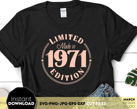 Vintage 1971 limited edition shirt design. SVG PNG JPG EPS DXF files included. Cut from vinyl, use for sublimation or laser cut / grave projects. Compatible with cricut, silhouette or Glowforge equipment. Buy now for a good price and enjoy!