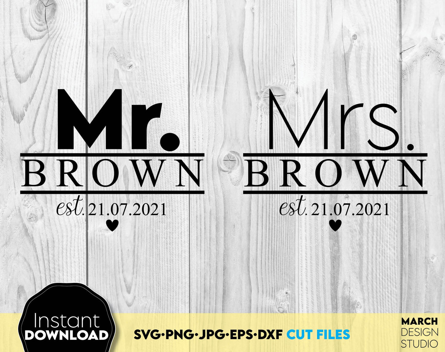 Custom Mr and Mrs wedding split monogram for wedding gift ideas, for honeymoon shirt designs or wedding anniversary shirts. SVG PNG JPG EPS DXF files included. Compatible with Cricut, Silhouette or other equipment. Buy now for a good price and fun!