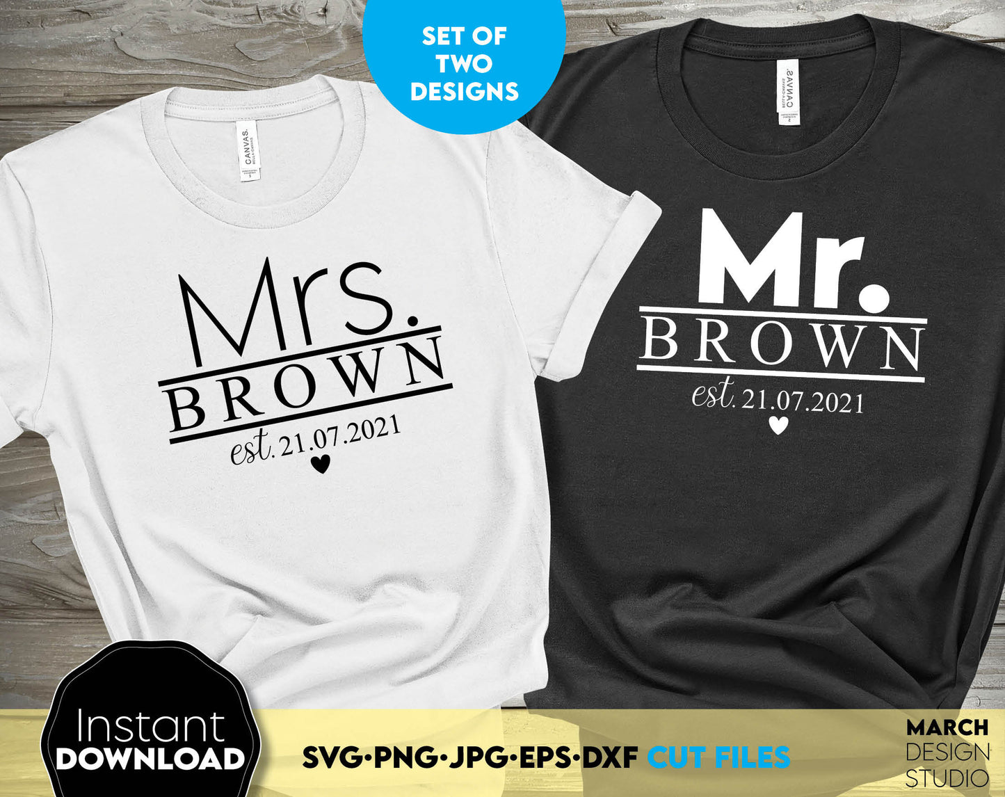 Custom Mr and Mrs wedding split monogram for wedding gift ideas, for honeymoon shirt designs or wedding anniversary shirts. SVG PNG JPG EPS DXF files included. Compatible with Cricut, Silhouette or other equipment. Buy now for a good price and fun!