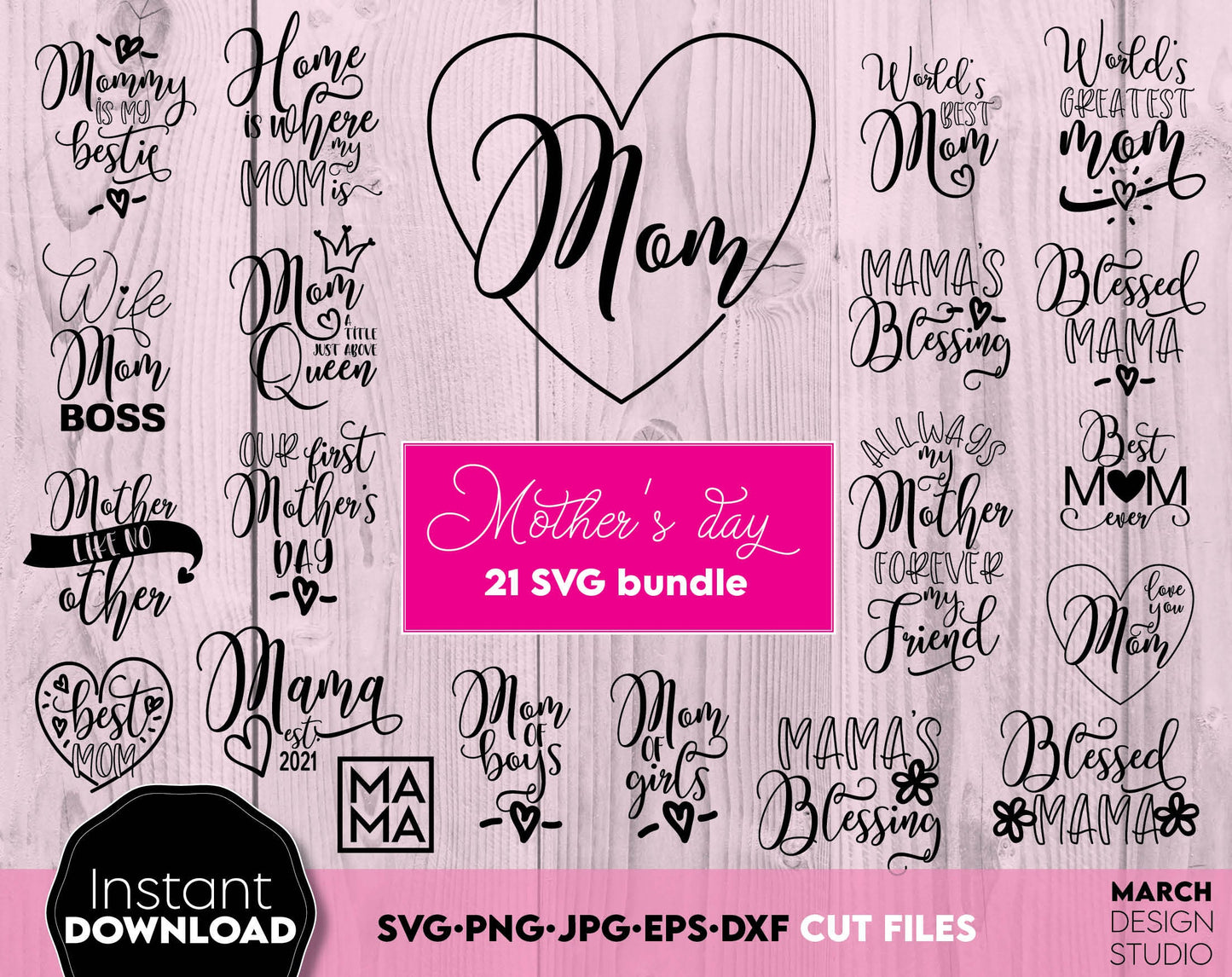 Mom bundle - split mom, mom love, mom heart and other funny mom designs. SVG, PNG, DXF, EPS and JPG files included. Cut from vinyl, use for sublimation or laser cut/ grave projects. Compatible with Cricut, Silhouette equipment. Buy now and enjoy!