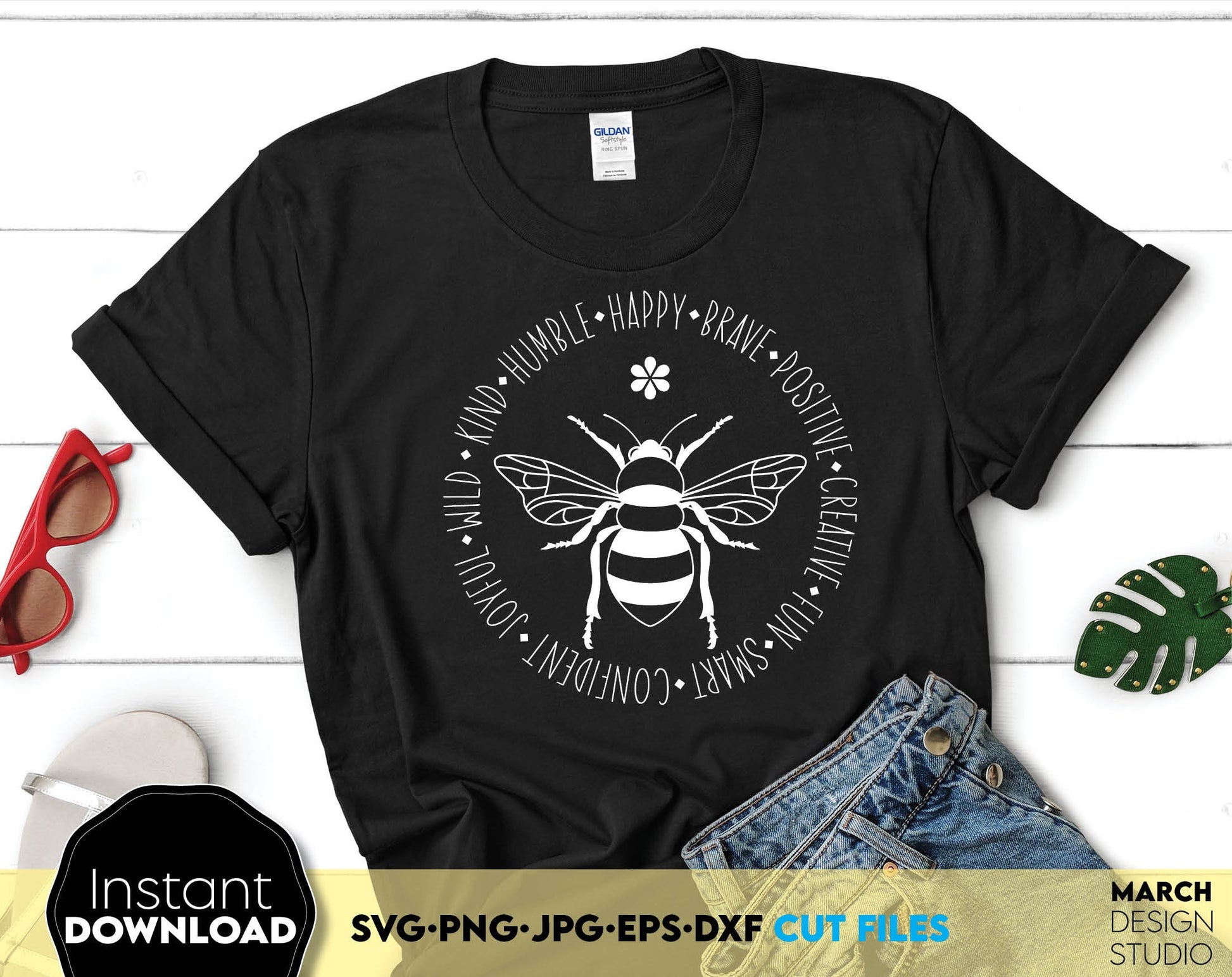 Bee quotes - kind, humble, happy, brave, positive, creative, fun, smart, confident, joyful, wild. SVG PNG JPG EPS DXF files included. Compatible with Cricut, Silhouette or other equipment. Cut from vinyl, use for sublimation, print or laser cutting.