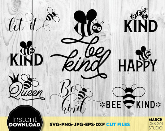 Be Kind and Bee kind funny quotes bundle. SVG, PNG, JPG, EPS and DXF files included. Compatible with Cricut, Silhouette and Glowforge machines, use for sublimation or laser cut projects as well. Buy now for a good price and enjoy!