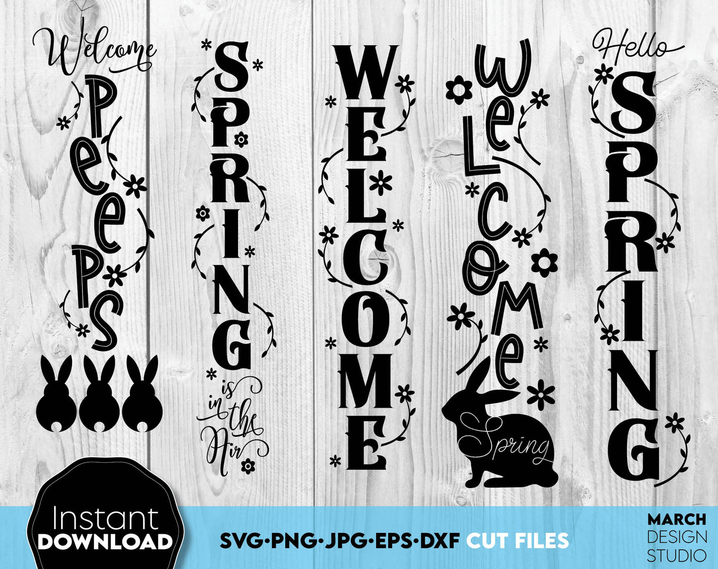 Easter farmhouse or spring welcome signs bundle. SVG, PNG, JPG, EPS, DXF files included. Cut from vinyl, use for sublimation or laser cut or grave projects. Compatible with Cricut, Silhouette or other machines. Buy now for a good price and enjoy!