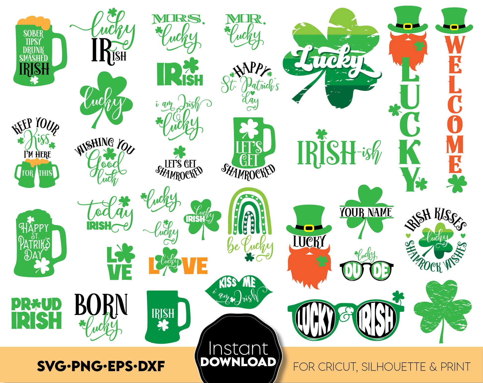 St. Patrick Day bundle with Patrick Day quotes. Use for cutting form vinyl, sublimation or laser cut projects. SVG, PNG, DXF, EPS files included. Compatible with Cricut, Silhouette, Glowforge and other equipment. Buy now and enjoy!