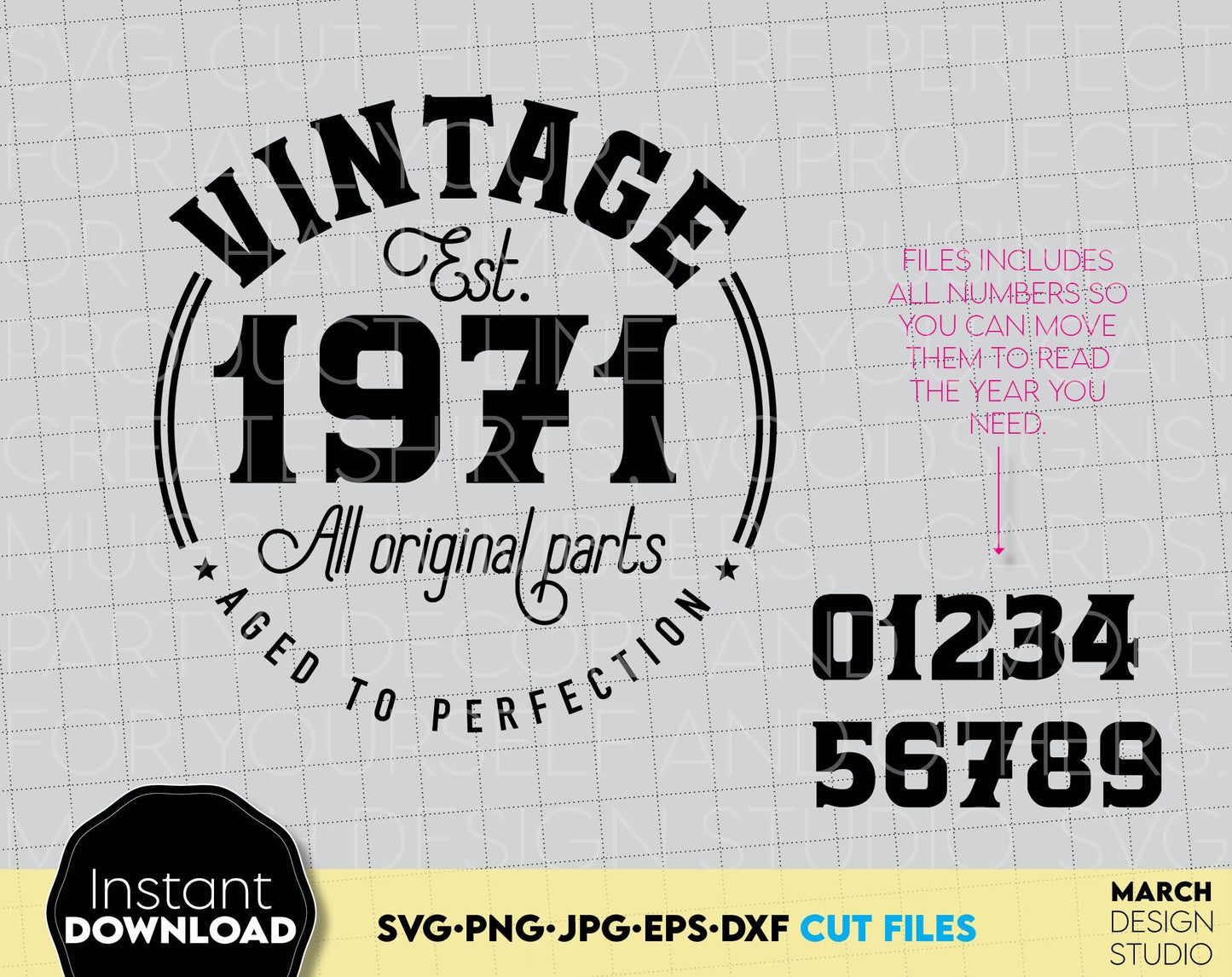 Vintage Birthday shirt design. Numbers for years included. Design for birthday party shirt. SVG, PNG, DXF, EPS, JPG files included. Use for cutting from vinyl, sublimation or laser cut projects. Compatible with Cricut, Silhouette. Buy now and enjoy!
