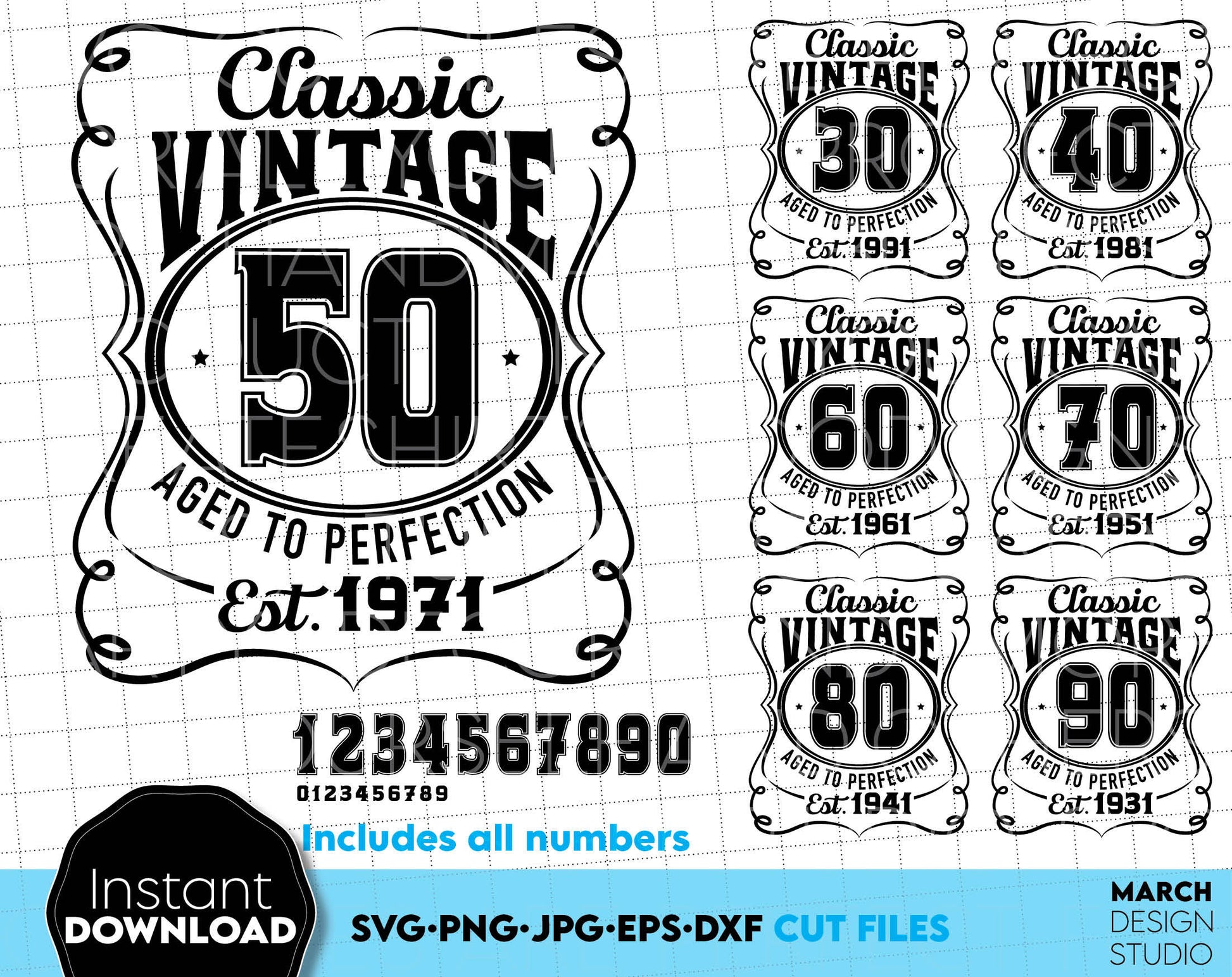 Birthday vintage bundle like a whiskey label is a great gift idea for Dad or Brother Birthday shirt. 30 to 90 numbers included. SVG PNG JPG EPS DXF files included. Compatible with Cricut, Silhouette or other equipment. Buy now for a good price, enjoy