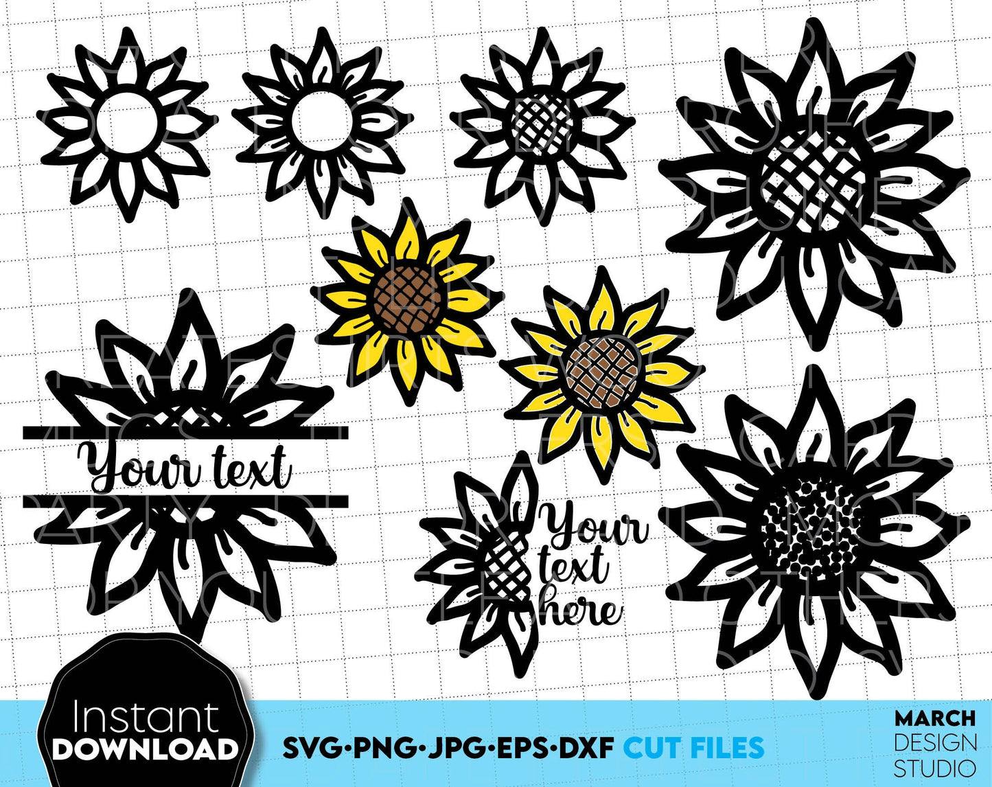 Sunflowers bundle. Split sunflower for Your custom projects and half sunflower with option put Your text there. SVG, PNG, JPG, EPS and DXF files included. Compatible with Cricut, Silhouette and other equipment. Use for cutting from vinyl, laser etc.