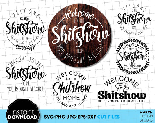 Welcome to the shit show round door hungers bundle. SVG PNG JPG DXF EPS file included. Compatible with Cricut, Silhouette or other equipment. Cut from vinyl, use for printing, sublimation or laser cut or grave projects. Buy now for a good price!