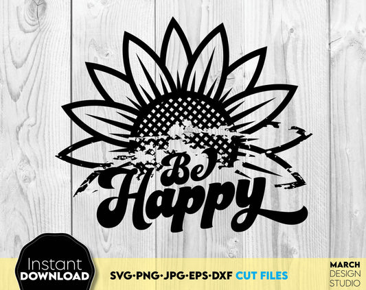 Be Happy with Sunflower is a nice design for magical moments. Use for cutting form vinyl, sublimation or laser cut projects. SVG, PNG, DXF, EPS and JPG files included. Compatible with Cricut, Silhouette, Glowforge and other equipment. Buy now!