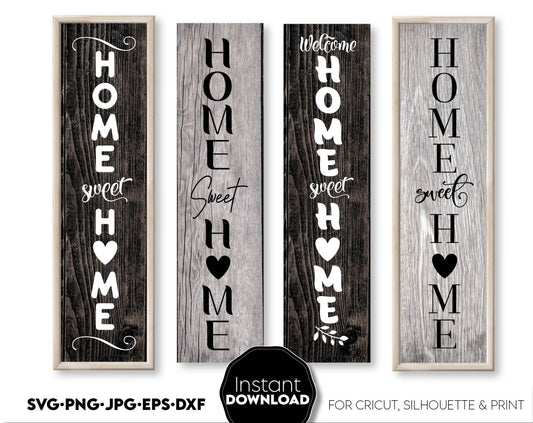 Home sweet home vertical welcome signs bundle designs for your home decorations projects. The SVG, PNG, DXF, EPS or JPG file format allows this design to be used with cutting from vinyl, sublimation or laser cut projects. Buy now and enjoy!