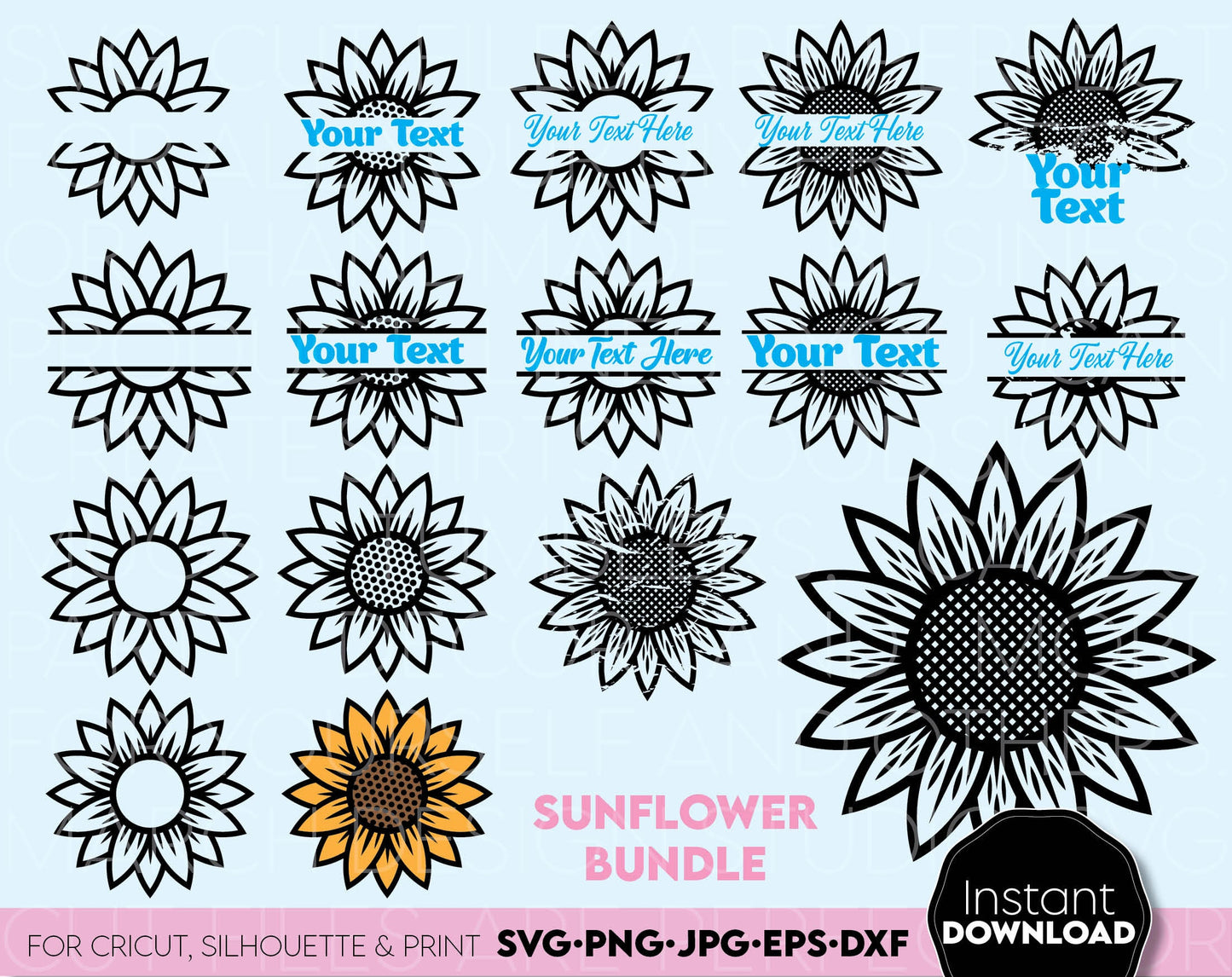 Split sunflower monogram bundle designs you can use them for your cut and print projects. Use for cutting from vinyl, sublimation or laser cut projects. Compatible with Cricut, Silhouette or laser cut. Buy now for a good price and enjoy!