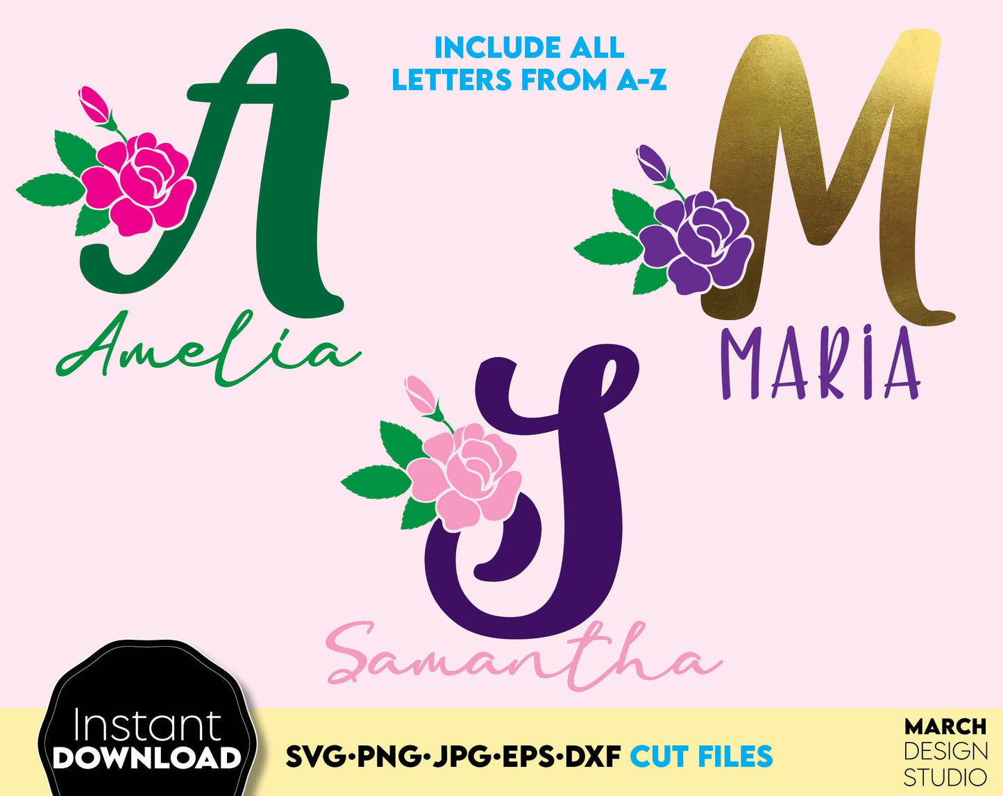 Flourish letters fonts are a great and personalized design that can be used to create gifts. Monograms wrapped in flowers are useful for creating wedding gifts, family name monograms or as a personal birthday gift. It can be used for laser cutting.