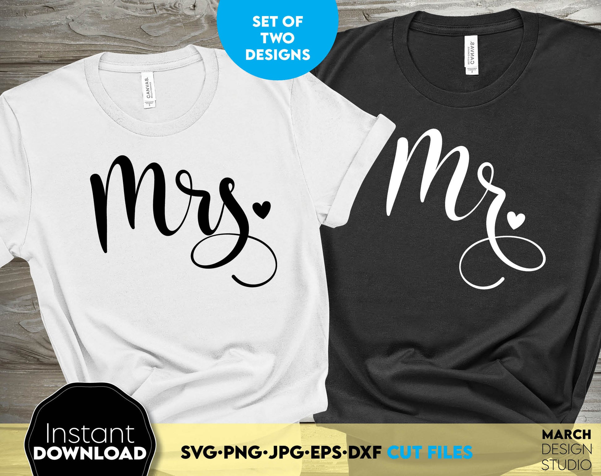 Mr and Mrs design for wedding, honeymoon or wedding anniversary shirts. SVG, DXF, EPS, PNG, JPG files included. Use for cutting from vinyl, sublimation or laser cut projects. Compatible with Cricut, Silhouette or other machines. Buy now and enjoy!