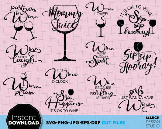 Funny wine bundle for those who love wine. Wine glasses and their silhouettes will be good for your projects. With this design, the party will be a celebration for everyone. Cut with Cricut, Silhouette or Glowforge. Also use for laser cutting.