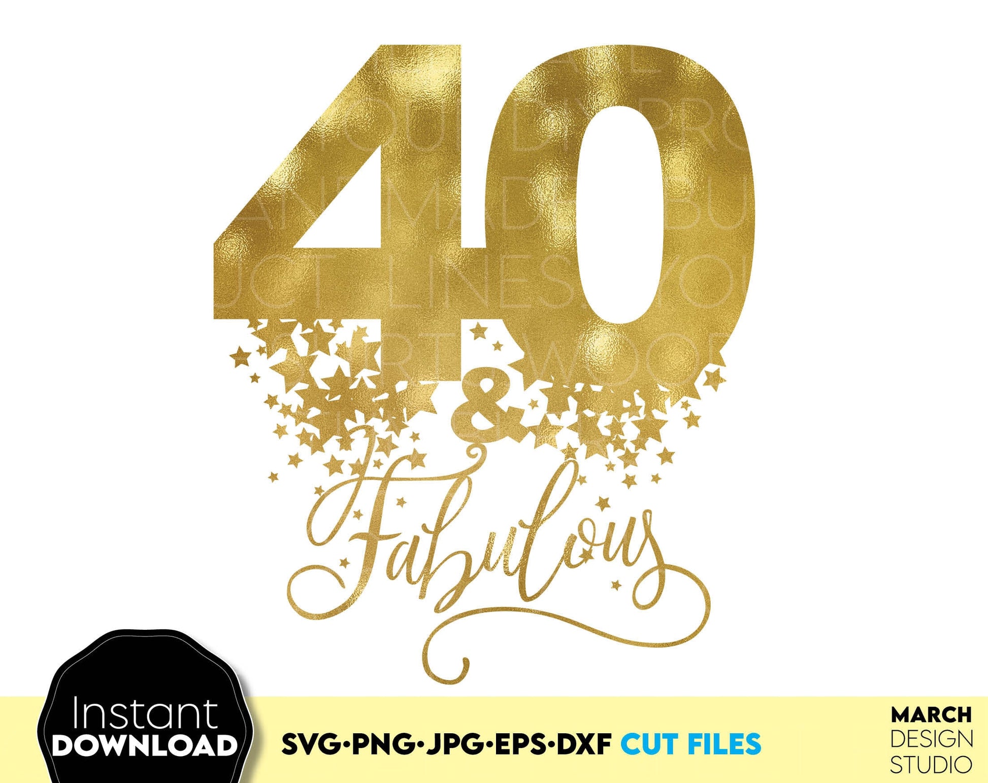 40 and fabulous Birthday design. Item include - 40 and fabulous SVG file for cutting from vinyl. Gold PNG file for Your sublimation projects and DXF, EPS files as well - for laser cutting projects. Compatible with Cricut, Silhouette. Buy and enjoy!