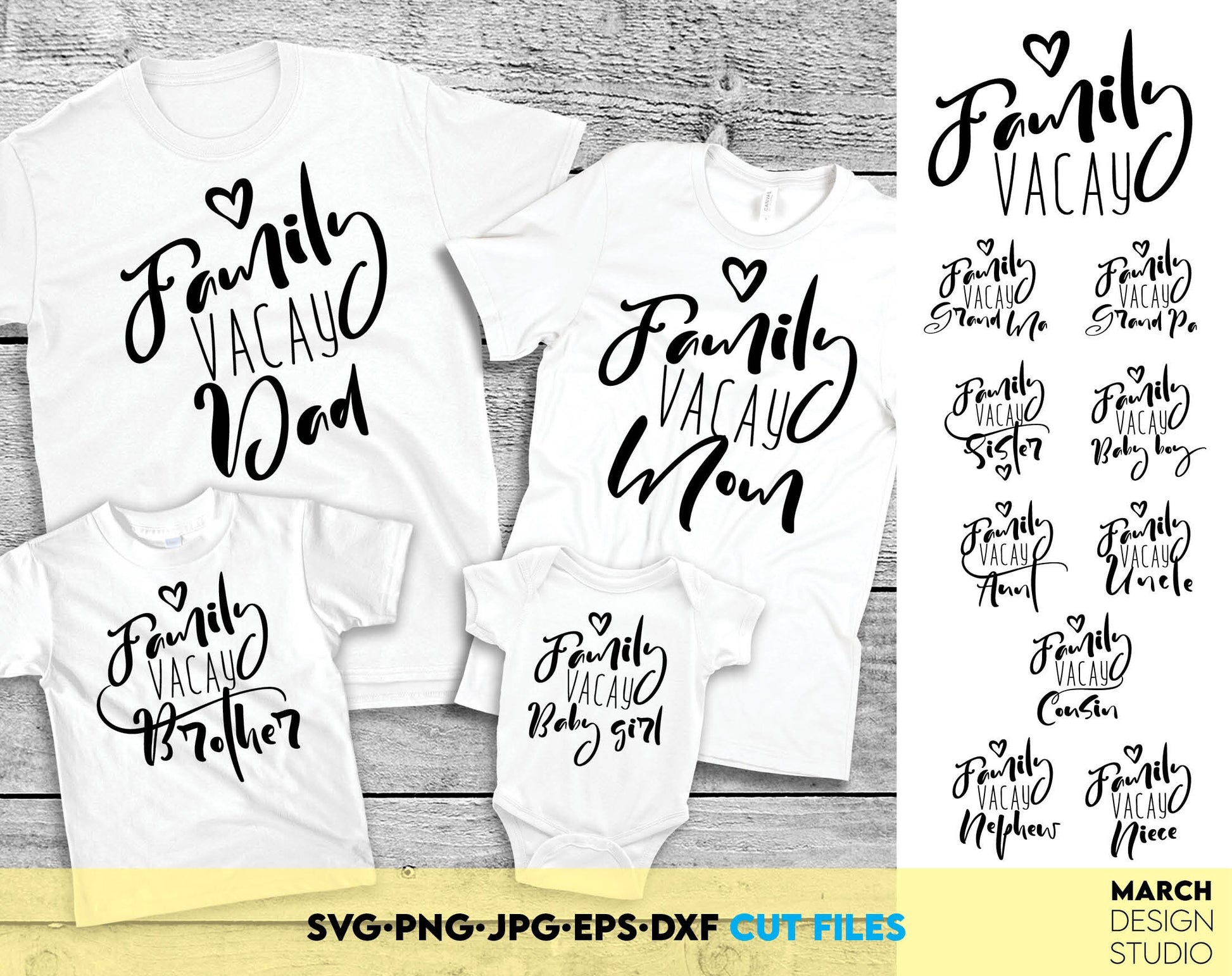 Family Vacay matching shirts for family summer trip bundle. SVG PNG JPG and other files included. Use for cutting from vinyl, sublimation or laser cut projects. Compatible with Cricut, Silhouette or Glowforge equipment. Buy now for a good price!