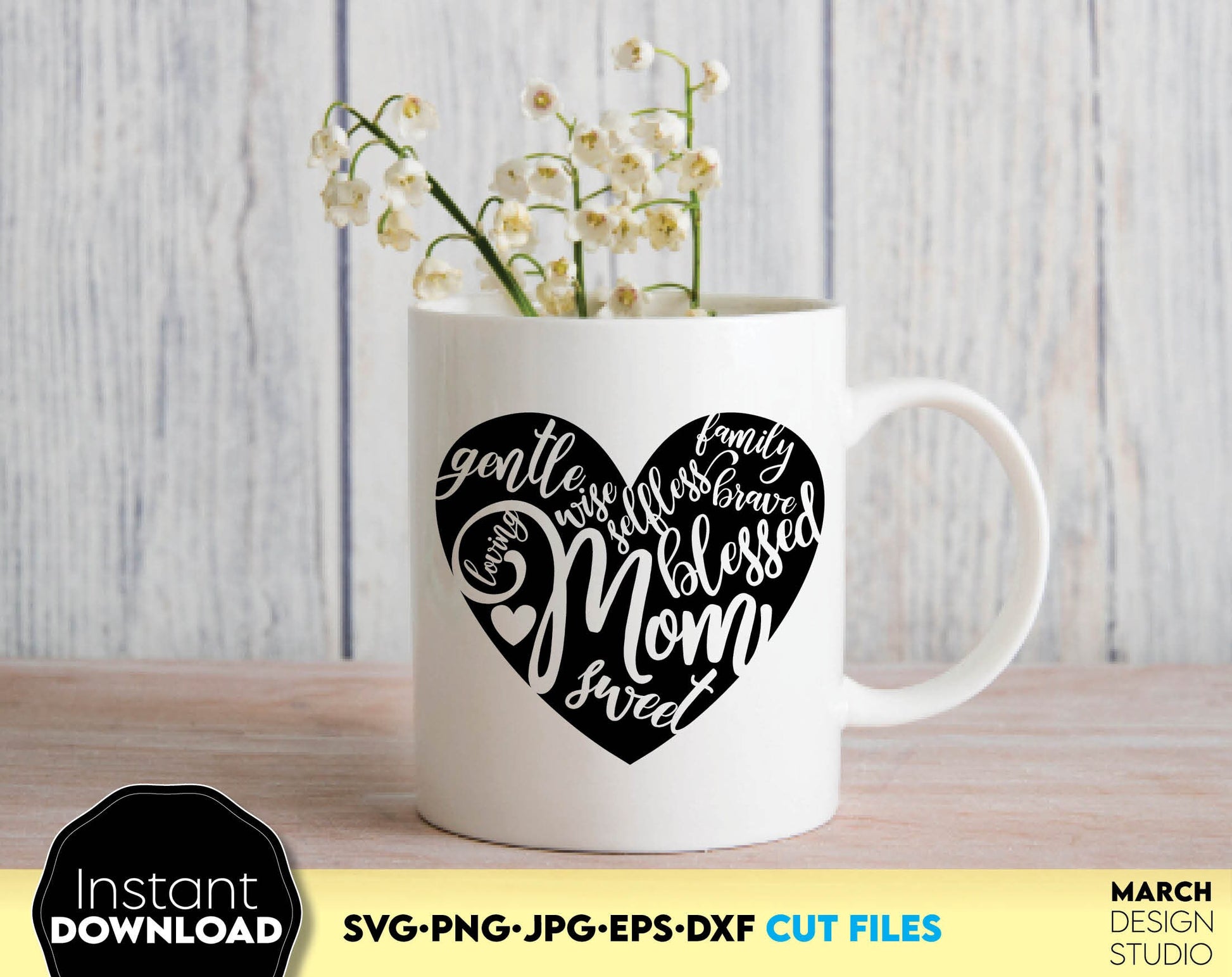 Mothers Day or mom birthday designs bundle with inspirational quotes. SVG, PNG, JPG, EPS, DXF files included. Compatible with Cricut, Silhouette or other machines. Cut from vinyl, use for sublimation or laser cut projects. Buy now for a good price!