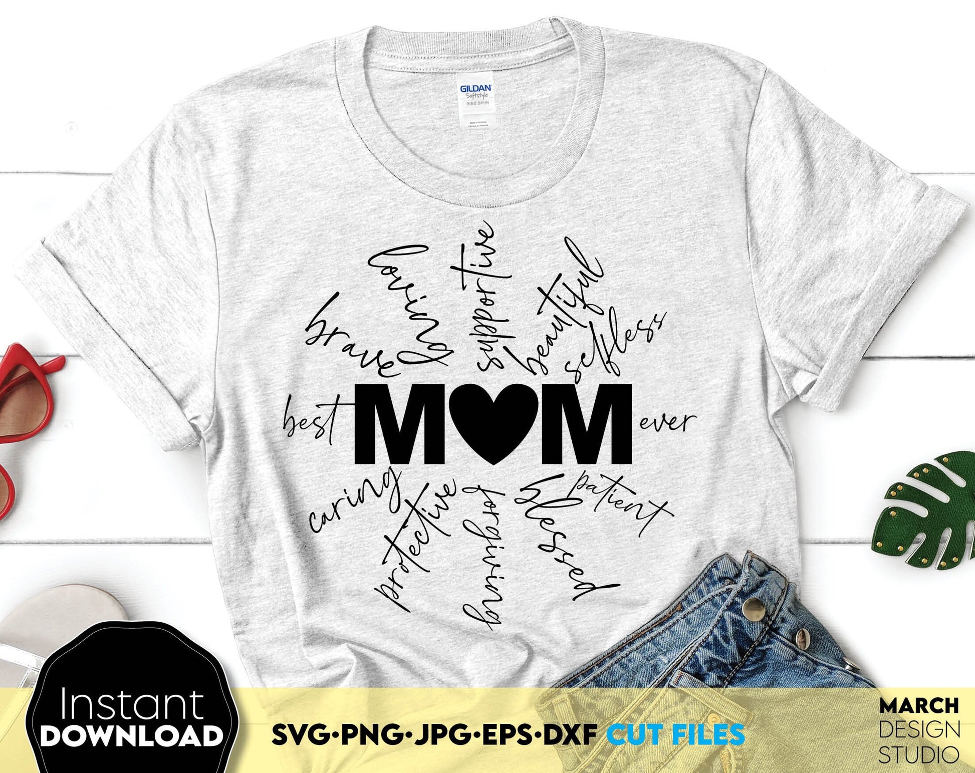 Beautiful design for mom. Sweet words and moms best qualities are arranged in the shape of a flower and look great. Make your mom happy with this design. Put it on a shirt, cup or pillow. A great gift for Mothers Day or a mom birthday. Buy now!