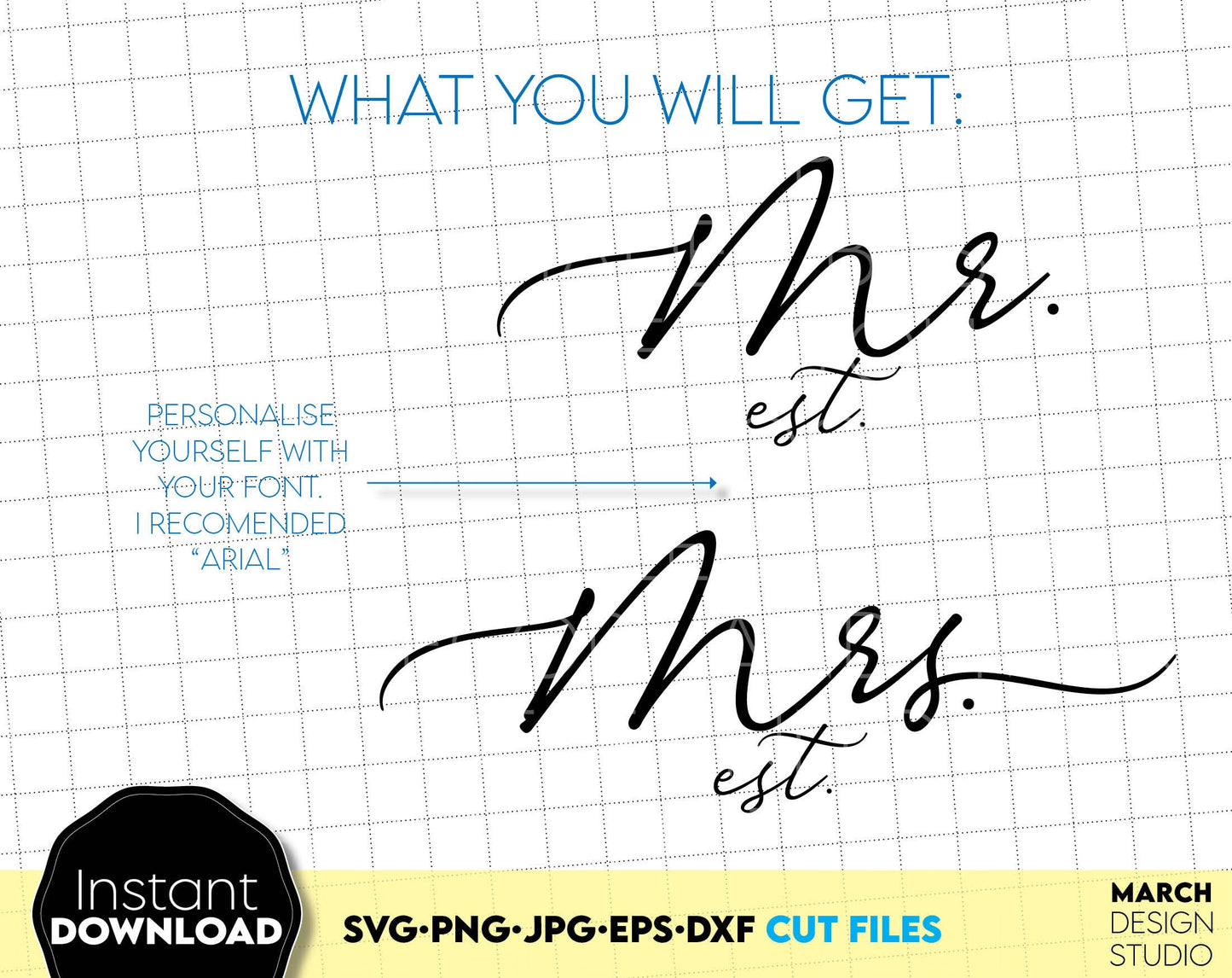 Mr and Mrs est design for Your wedding or wedding anniversary gift ideas. SVG PNG JPG EPS DXF files included. Compatible with Cricut, Silhouette or other equipment. Cut from vinyl, use for sublimation or laser cut or grave projects. Buy now and enjoy