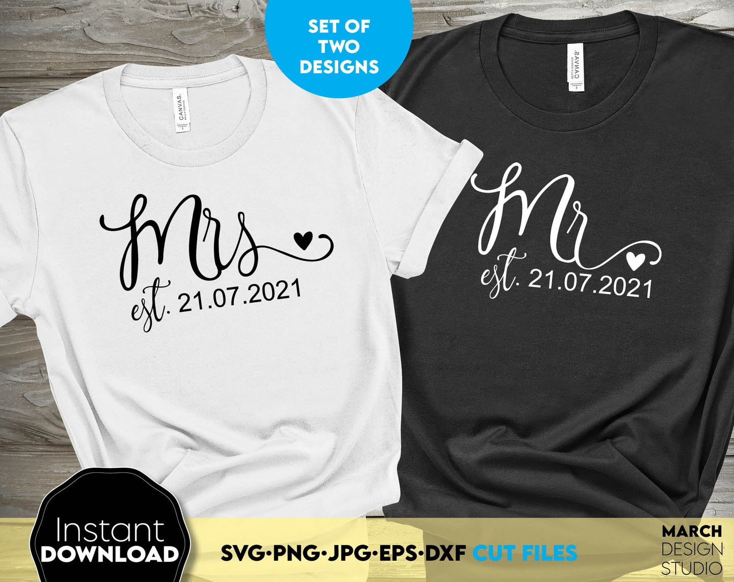 Mr. and Mrs. shirt design for Your Honeymoon, wedding or anniversary events. SVG, PNG, JPG, EPS and DXF files included. Compatible with Cricut, Silhouette and others machines. Use for sublimation or laser cut projects as well. Buy now and enjoy!