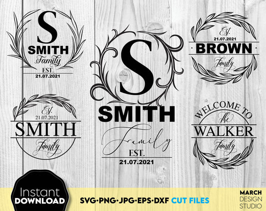 Last Name Monogram frame svg bundle for Your Christmas, Wedding or home decoration projects. SVG, PNG, DXF, EPS, JPG files included. Compatible with Cricut, Silhouette or Glowforge equipment. Usable for laser cut as well. Buy now and enjoy!