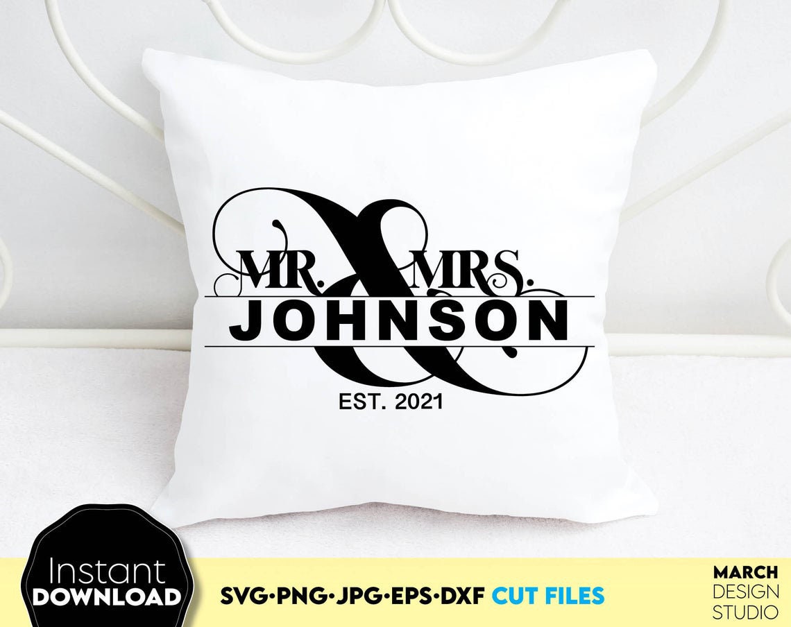 Split mr and mrs wedding monogram. SVG, PNG, JPG, EPS, DXF files included. Cut from vinyl. use for sublimation or laser cut / grave projects. Compatible with Cricut, Silhouette or other machines. Buy now for a good price and enjoy!