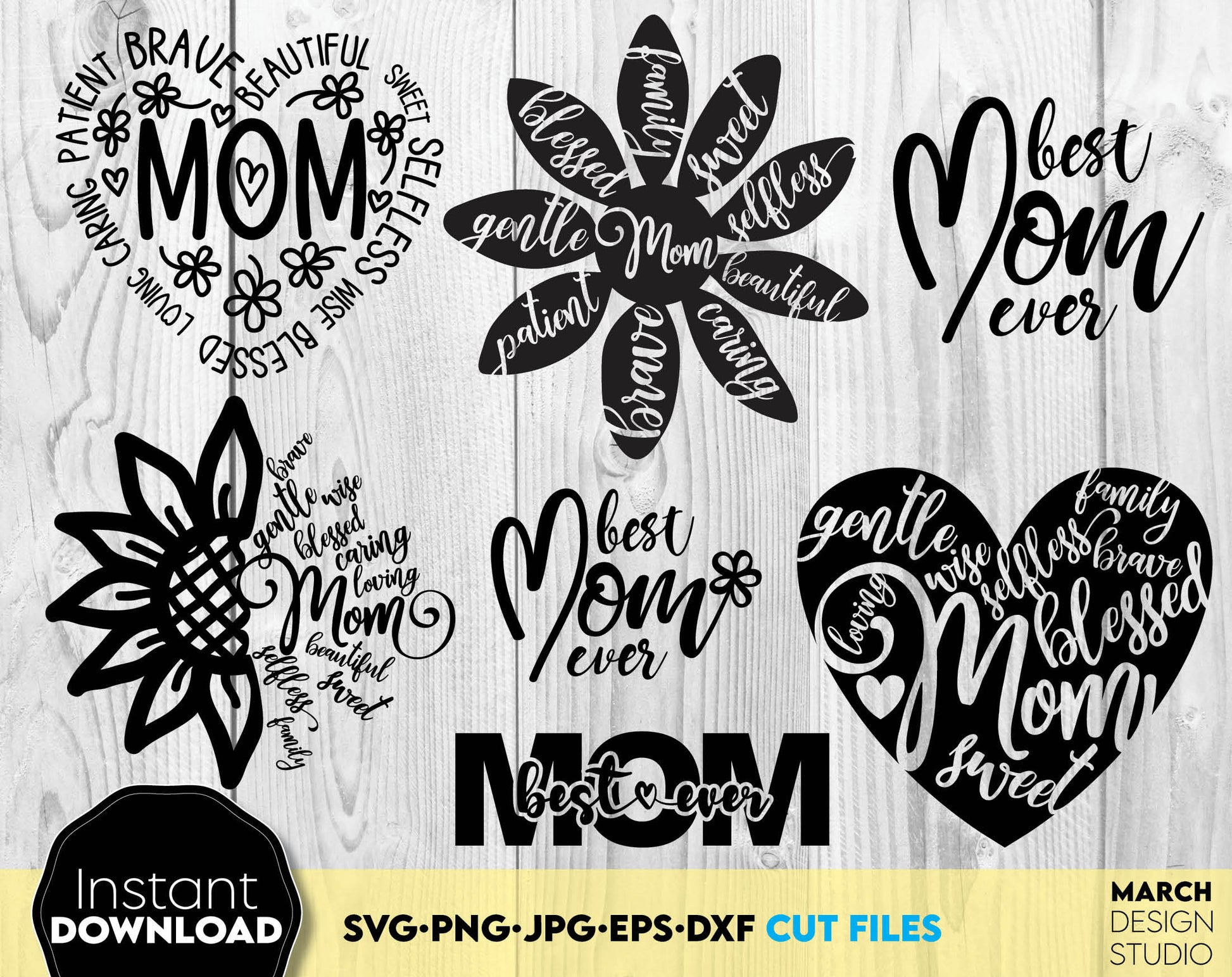 Mothers Day or mom birthday designs bundle with inspirational quotes. SVG, PNG, JPG, EPS, DXF files included. Compatible with Cricut, Silhouette or other machines. Cut from vinyl, use for sublimation or laser cut projects. Buy now for a good price!