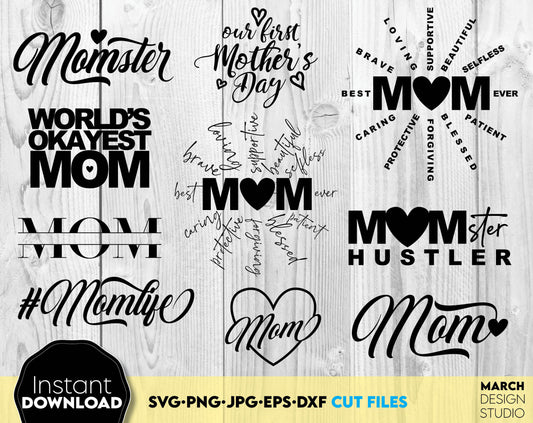 Mom svg bundle - split mom, mom love, mom heart and other funny mom designs. SVG, PNG, DXF, EPS and JPG files included. Cut from vinyl, use for sublimation or laser cut/ grave projects. Compatible with Cricut, Silhouette equipment. Buy now and enjoy!