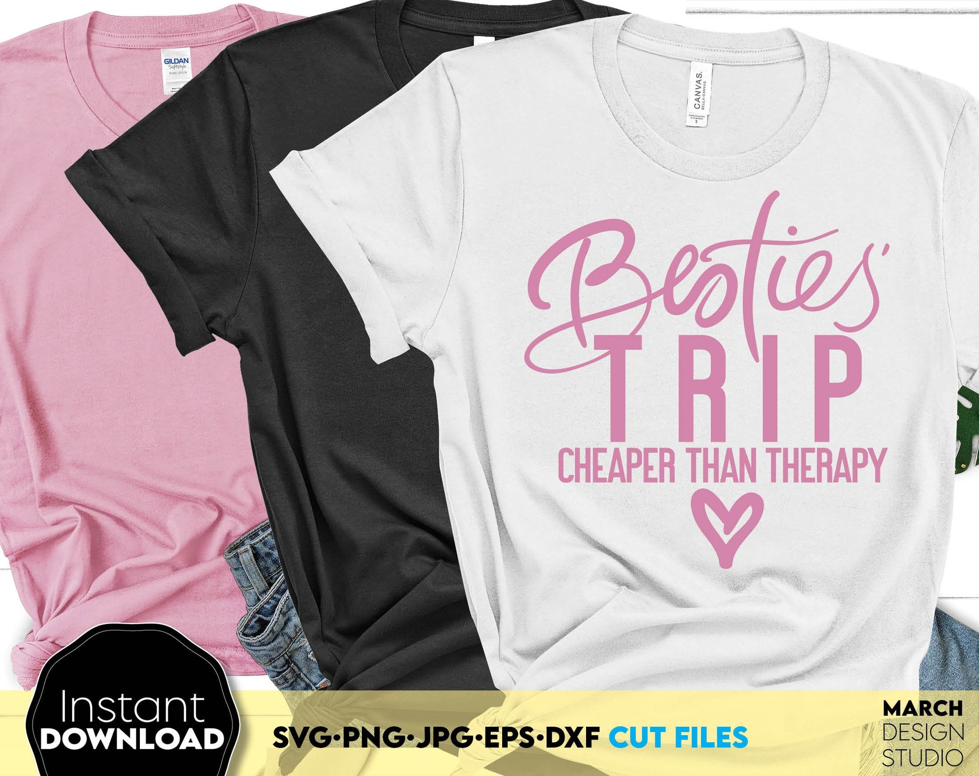 Besties Trip Cheaper Than Therapy matching shirts design. SVG PNG JPG EPS DXF files included. Compatible with Cricut, Silhouette, Sublimation printers or other equipment. Cut from vinyl, use for sublimation or other projects. Buy now and enjoy!